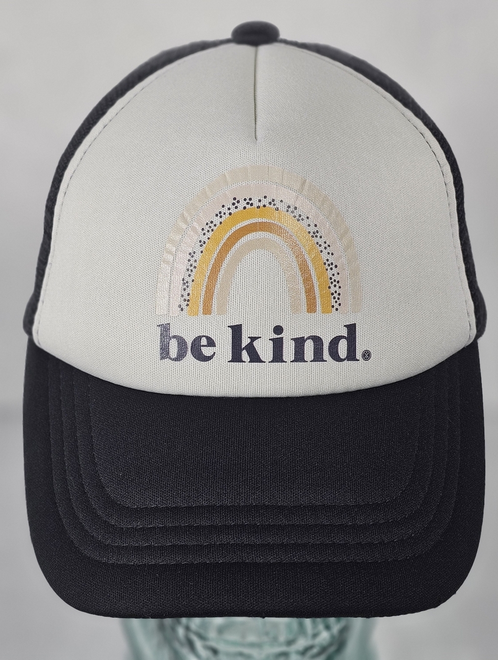 be kind. Kids Trucker Hat - Black and Cream with Mustard Rainbow